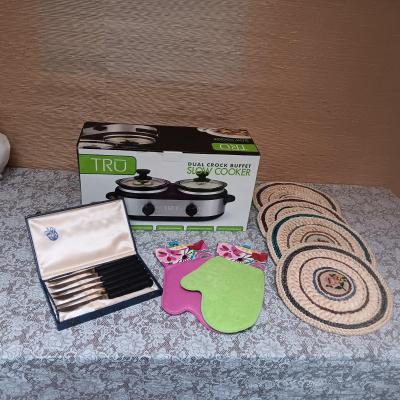 DUAL CROCK BUFFET SLOW COOKER, STEAK KNIVES, OVEN MITS AND HOT PADS