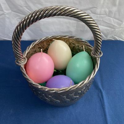 Tin ware basket with egg candles