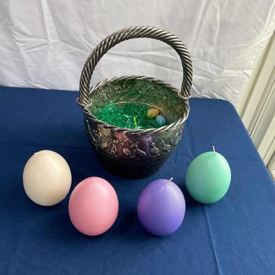 Tin ware basket with egg candles