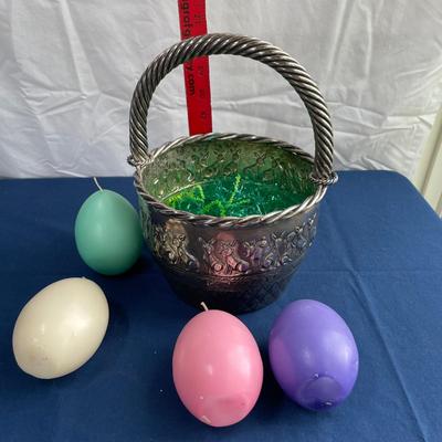 Tin ware basket with egg candles