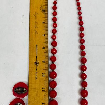 Vintage Red Beaded Necklace and Cliip-on Earrings