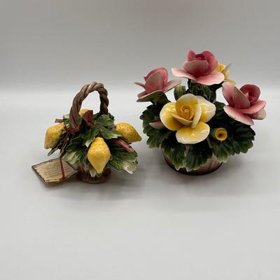 CAPODIMONTE ~ Pair (2) Floral Basket & Vase