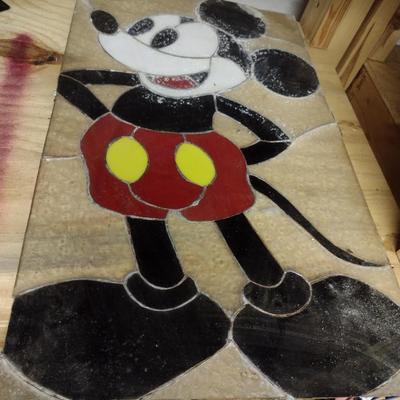 Hand Made Stained Glass Panel- Mickey Mouse Design- Needs Repair- Approx 16" x 27 1/2"