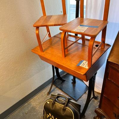 1900 School desk, Children's Yew wood chairs, Ralph's Bowling bowl and bag