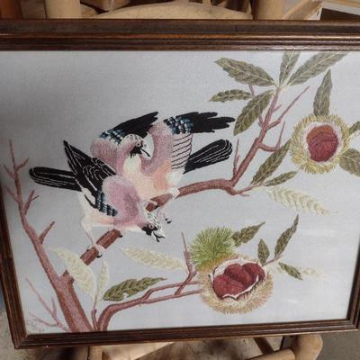 Framed Japanese Bunka Embroidery- Birds on a Branch Design