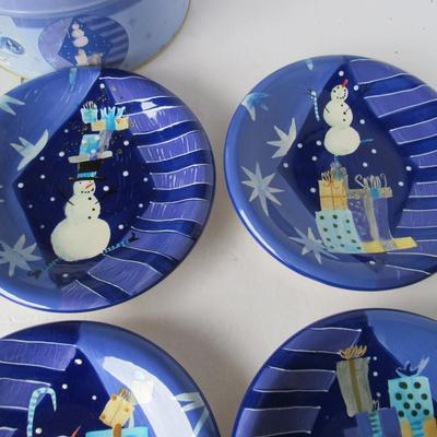 Set of Snowman Plates in Tin, Marked Sakura