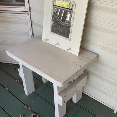 P3-Framed Poster (no glass or plexiglass), Mirror with Hooks, side table