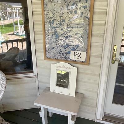 P3-Framed Poster (no glass or plexiglass), Mirror with Hooks, side table