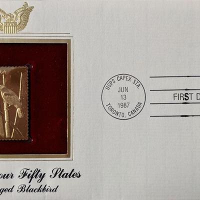Wildlife Of Our Fifty States Red Winged Blackbird Gold Stamp Replica First Day Cover