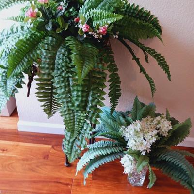FAUX PLANTS AND A MARBLE TOP PLANT STAND
