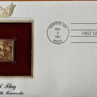 US Flag Flag With Fireworks Gold Stamp Replica First Day Cover