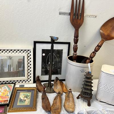 Antique wood Cobblers shoe molds and metal stand