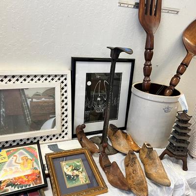 Antique wood Cobblers shoe molds and metal stand