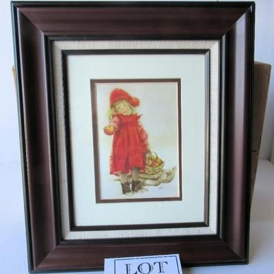 Sweet Framed Print of Little Girl in Red Dress With Apples