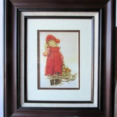 Sweet Framed Print of Little Girl in Red Dress With Apples