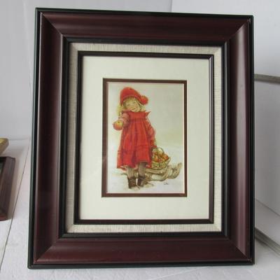 Sweet Framed Print of Little Girl in Red Dress With Apples
