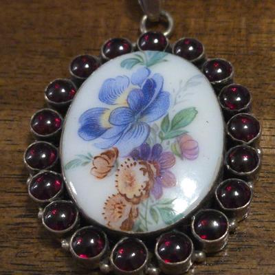 Sterling, Garnet, and Handpainted Porcelain Pendant