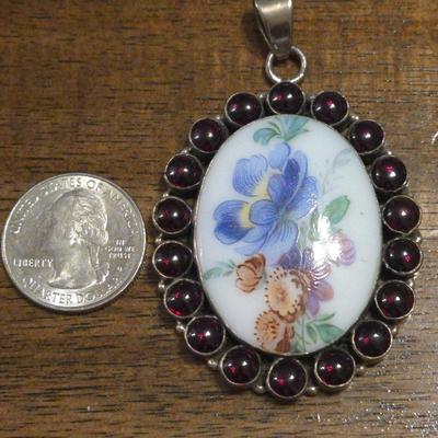 Sterling, Garnet, and Handpainted Porcelain Pendant