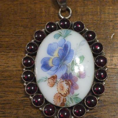 Sterling, Garnet, and Handpainted Porcelain Pendant