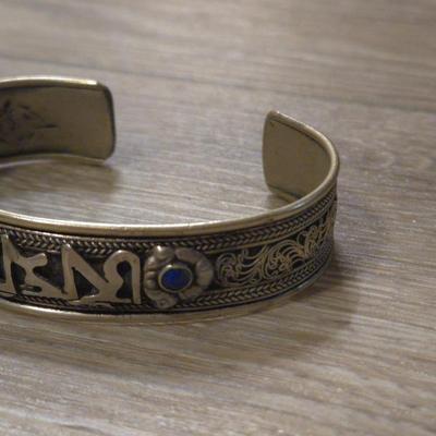 Silver, Turquoise, & Lapis Om Mani Padme Hum Cuff Bracelet