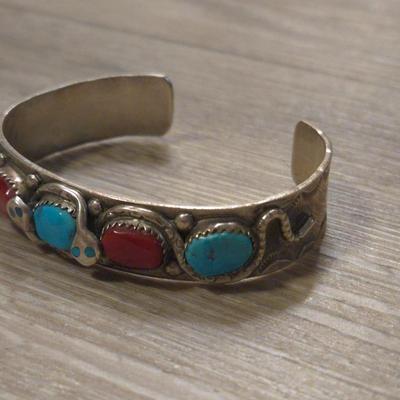 Native American ZUNI Turquoise & Red Coral Snake Cuff Bracelet by EFFIE CALAVAZA