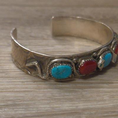 Native American ZUNI Turquoise & Red Coral Snake Cuff Bracelet by EFFIE CALAVAZA