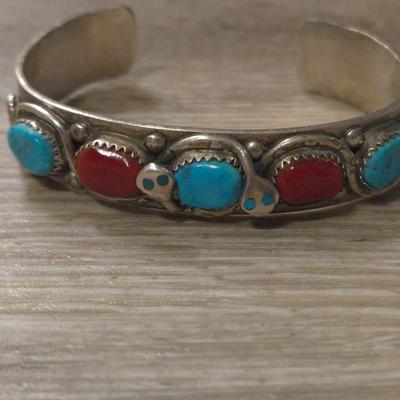 Native American ZUNI Turquoise & Red Coral Snake Cuff Bracelet by EFFIE CALAVAZA
