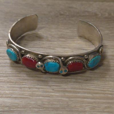 Native American ZUNI Turquoise & Red Coral Snake Cuff Bracelet by EFFIE CALAVAZA