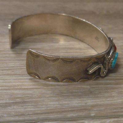 Native American ZUNI Turquoise & Red Coral Snake Cuff Bracelet by EFFIE CALAVAZA