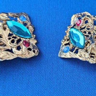 Pair (2) Vintage 1940-1960's Musi brand shoe clips. Gold tone with colored rhinestones.