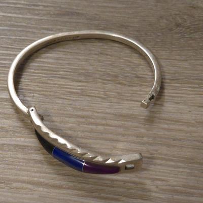 Vintage TAXCO Hinged Bangle with Onyx, Lapis, & Purple Jasper