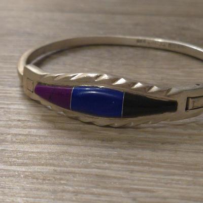 Vintage TAXCO Hinged Bangle with Onyx, Lapis, & Purple Jasper
