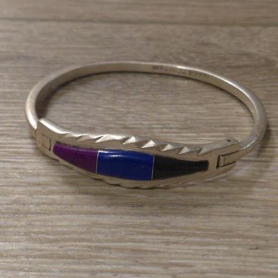Vintage TAXCO Hinged Bangle with Onyx, Lapis, & Purple Jasper