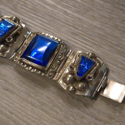 Vintage TAXCO Sterling Blue Cobalt Glass with Warriors Masks Bracelet