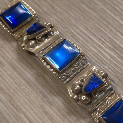 Vintage TAXCO Sterling Blue Cobalt Glass with Warriors Masks Bracelet