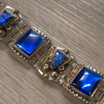 Vintage TAXCO Sterling Blue Cobalt Glass with Warriors Masks Bracelet