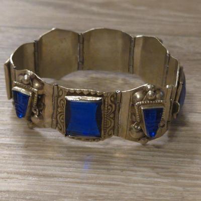 Vintage TAXCO Sterling Blue Cobalt Glass with Warriors Masks Bracelet
