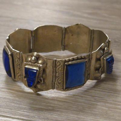 Vintage TAXCO Sterling Blue Cobalt Glass with Warriors Masks Bracelet