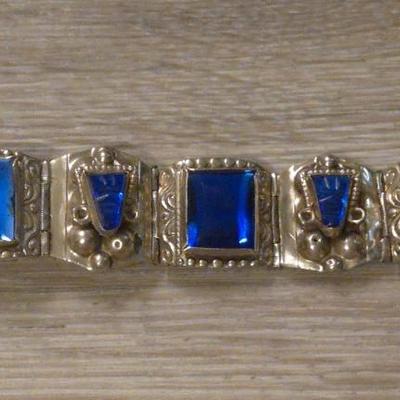 Vintage TAXCO Sterling Blue Cobalt Glass with Warriors Masks Bracelet