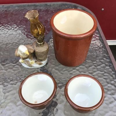 Redware Pottery Beater Jar 2 Dip Bowls Eagle Lantern
