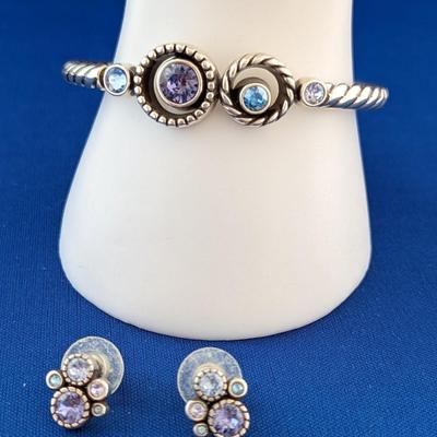 BRIGHTON HALO Hinged Magnetic Bangel Bracelet Lavender & Blue Crystals & matching post earrings.