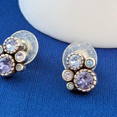 BRIGHTON HALO Hinged Magnetic Bangel Bracelet Lavender & Blue Crystals & matching post earrings.