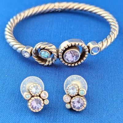 BRIGHTON HALO Hinged Magnetic Bangel Bracelet Lavender & Blue Crystals & matching post earrings.