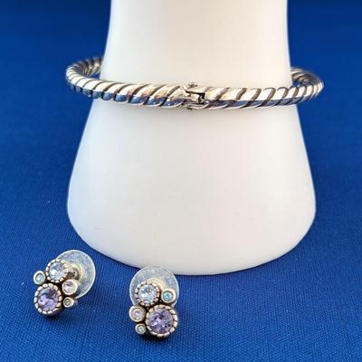 BRIGHTON HALO Hinged Magnetic Bangel Bracelet Lavender & Blue Crystals & matching post earrings.