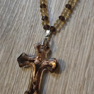 Glass Necklaces with Cross and Shell Pendants