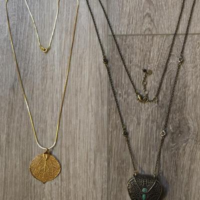 Golden Leaf and Heart Box Long Necklaces