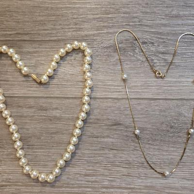 Faux Pearl Necklace & Gold Tone Chain with Pearls