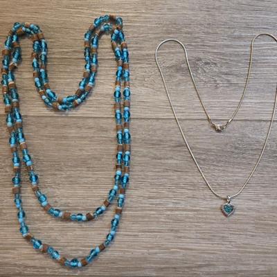 Silver Tone Necklace with Heart Pendant & Blue Bead Necklaces