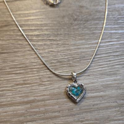 Silver Tone Necklace with Heart Pendant & Blue Bead Necklaces