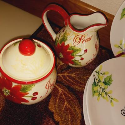 CHRISTMAS DINNERWARE AND A GLASS SHALLOW BOWL